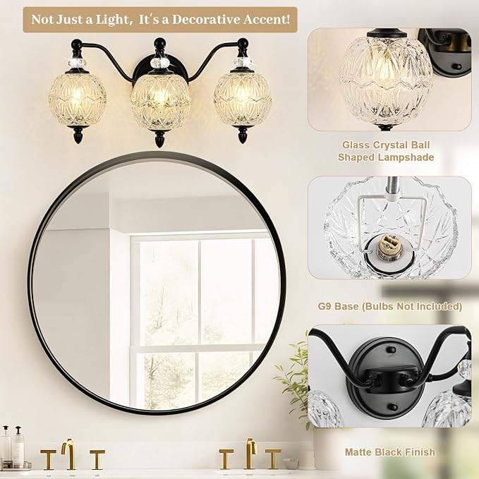 Matte Black Bathroom Vanity Light, 3-Light Mid Century Farmhouse Wall Sconce - Image 3