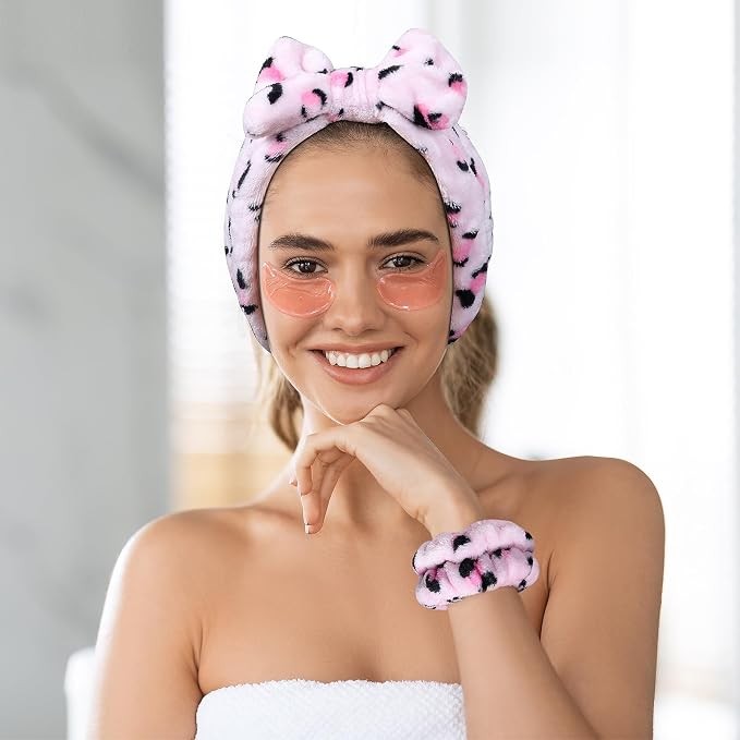 Pink Leopard Print Plush Wash Face Headband Bowknot Cheetah Spa Hair Band Wrist - Image 3