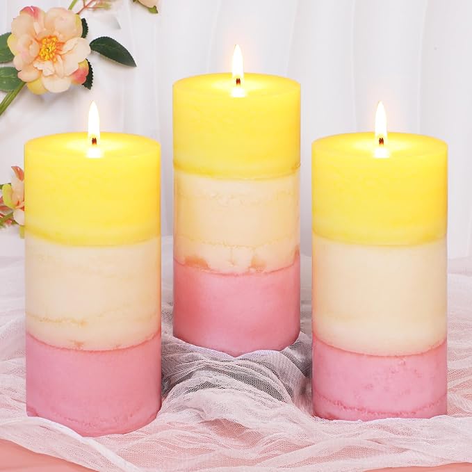 Sweet Honeysuckle Scented 3x6 Inch Pillar Candles Yellow White Pink Layered - Image 2