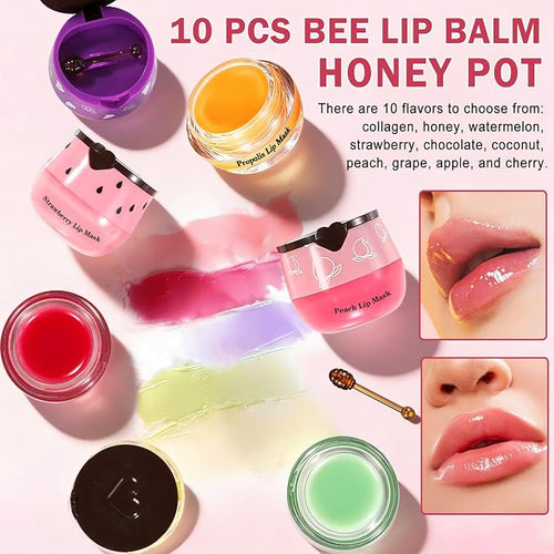 10PCS Honey Pot Lip Balm, Moisturizing Bee Lip Balm, Fruity Lip Sleeping Mask - Image 2