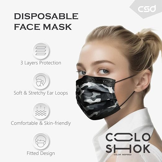CSD Colo 30 Pcs Black Camo Disposable Face Masks, 3 Ply Adult Mask - Image 3