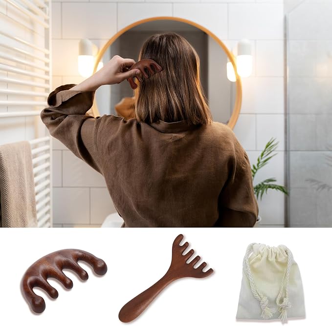 2 Pack Wooden Scalp Massage Tool, Sandalwood Manual Scalp Massager Wood Comb - Image 2