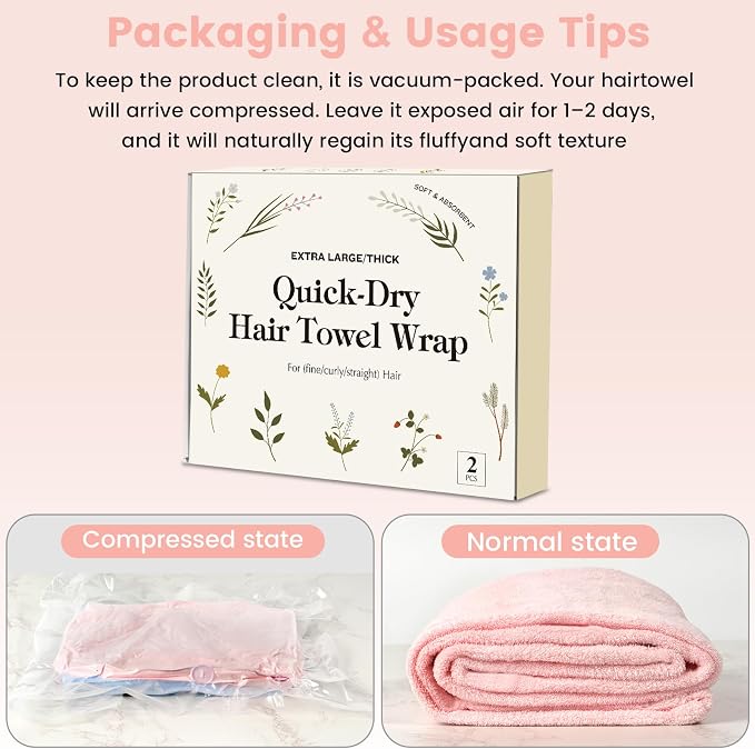 Microfiber Hair Towel Wrap for Women, 2 Pack Large Fast Drying Hair Towel - Image 7