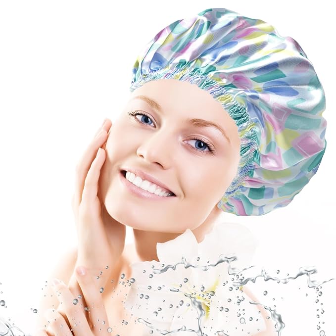 Shower Caps for Women, Double Layers Shower Cap Reusable Waterproof, Bathing - Image 2