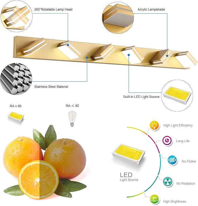 SineRise LED Modern Bathroom Vanity Light Fixtures, Matte Gold Modern Acrylic - Image 2