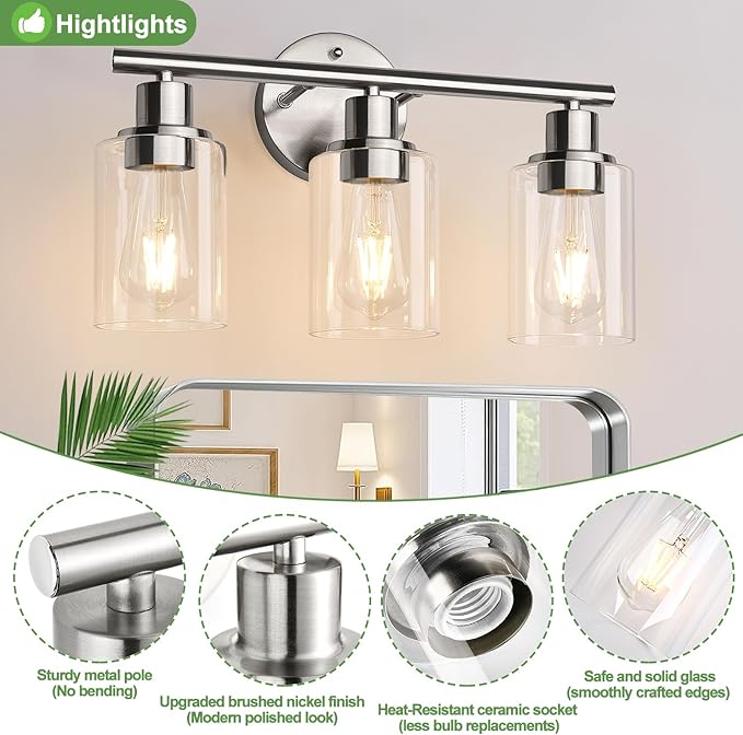 Zarbitta 3-Light Bathroom Light Fixtures, Brushed Nickel Vanity Light, - Image 4