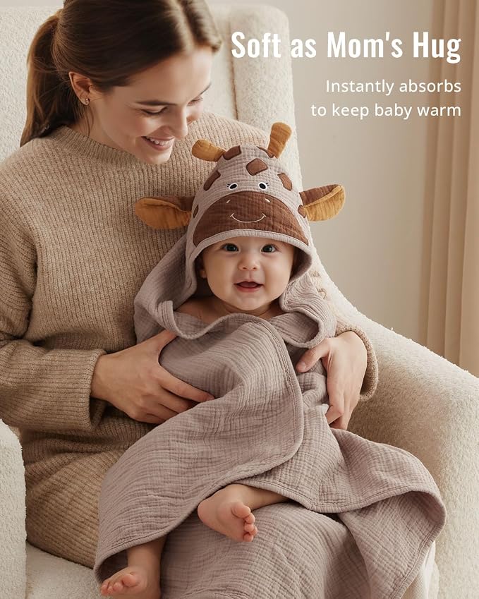 Blissful Diary Muslin Baby Hooded Towel 2 Pack, Soft & Absorbent Bath Towel - Image 4