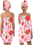 Strawberry Print Bath Wrap and Hair Drying Towel Set – Microfiber Quick Dry by QIULIBMH