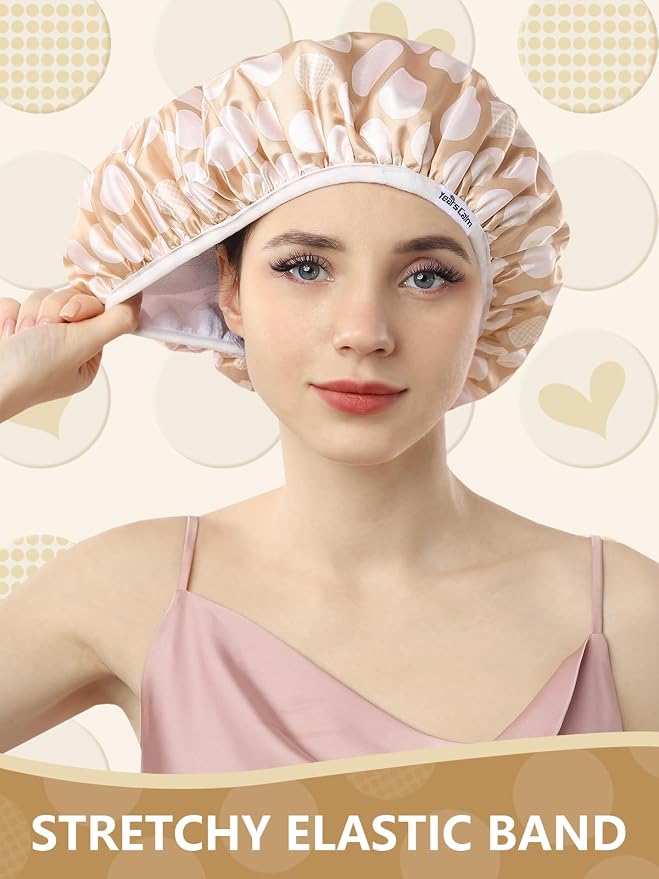 Years calm Terry Lined Shower Cap, Triple Layer Heart Motifs, Waterproof - Image 4