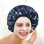 Blue Butterfly Print Satin Shower Cap, Three-Layer Terry Cloth Lined, - Image 5
