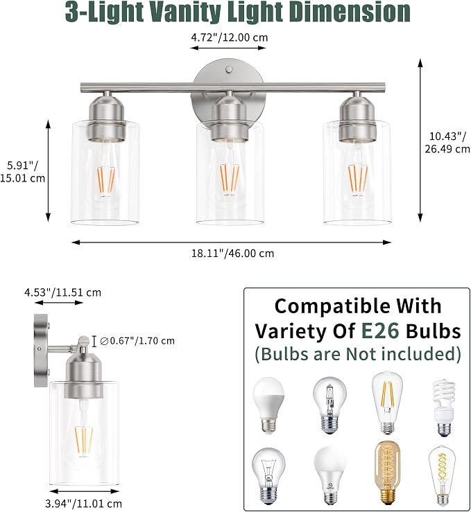 Espird Bathroom Vanity Light Fixtures Brushed Nickel, 3 Lights Bathroom Over - Image 3