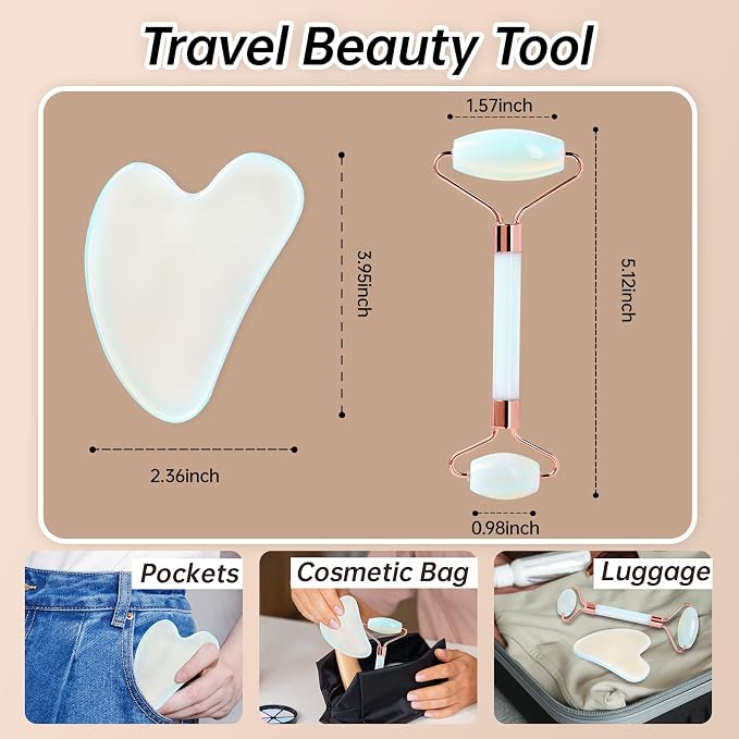Opal Gua Sha and Face Roller, Real Jade Gua-Sha Stone Facial Tools Set - Image 7