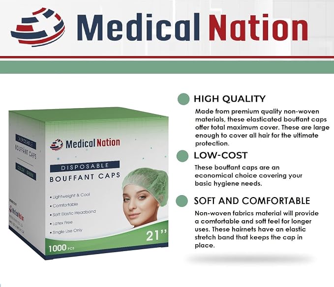 Medical Nation 21" Disposable Bouffant Caps Hair Net | CASE OF 1000, - Image 3