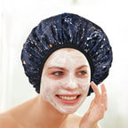 Navy Astral Print Satin Shower Cap, Three-Layer Terry Cloth Lined, - Image 5