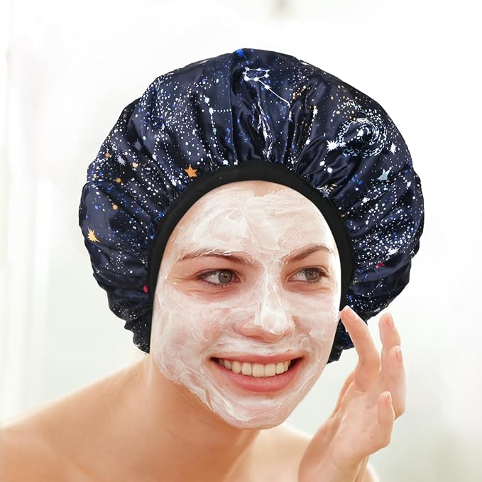 Navy Astral Print Satin Shower Cap, Three-Layer Terry Cloth Lined, - Image 5