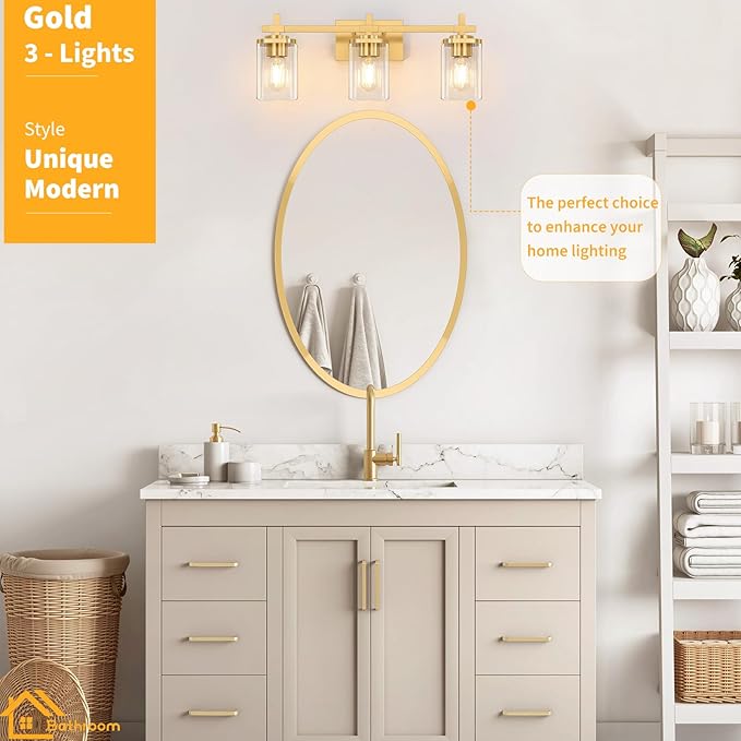 3-Lights Gold Bathroom Light Fixtures, Bathroom Vanity Light Over Mirror - Image 5
