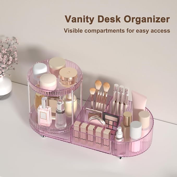 360 Rotating Vanity Makeup Organizer, 2 Small Trays & 5 Compartments - Image 3