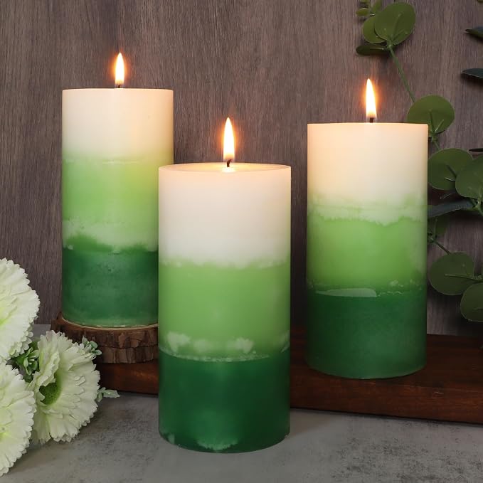 Pillar Candles 3x6 Inch Eucalyptus Scented Hand-Poured 3-Layers Green Gradient - Image 5
