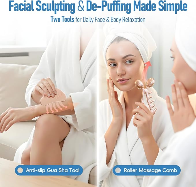 Gua Sha Facial Tools & Face Roller Set, Stainless Steel Facial Massager Tools - Image 2