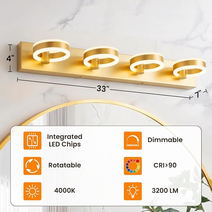 LED Bathroom Light Fixtures, 33inch Gold Vanity Lights, Modern 4 Light Acrylic - Image 2