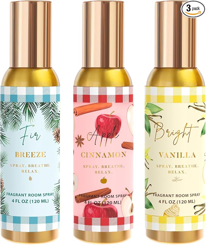 Room Spray, Bright Vanilla, Cinnamon Apple, Fir Breeze, 3 Pack, Each 4 fl oz by CLESH