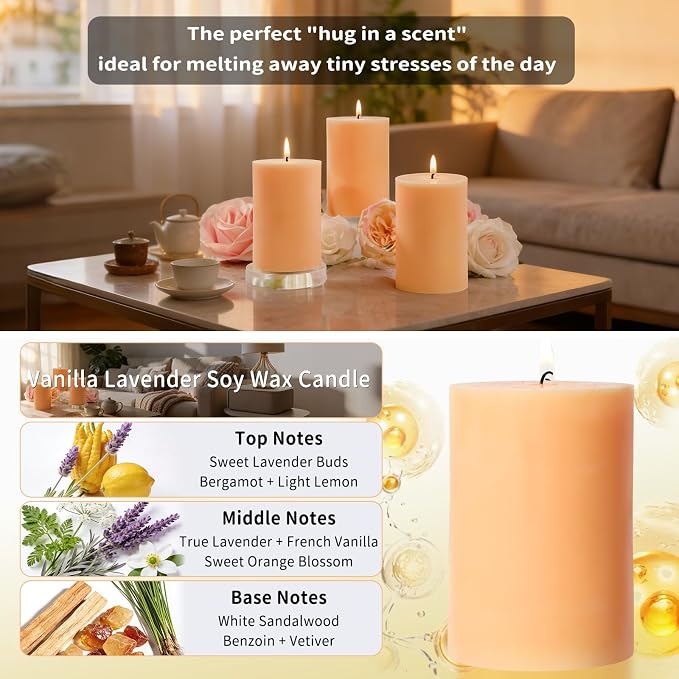 4 Pack Vanilla Lavender Scented Pillar Candles, Natural Soy Wax Pillar - Image 2