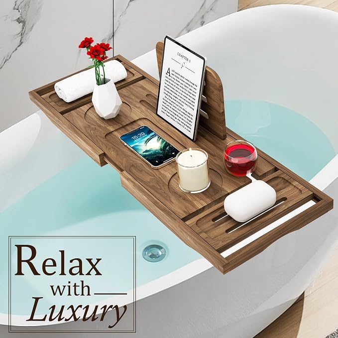 Premium Teak Bathtub Tray Caddy, Expandable Wooden Bath Tray - Image 2