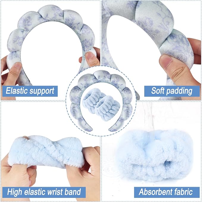Zkptops Spa Headband for Washing Face Wristband Set Flower Sponge Makeup - Image 5
