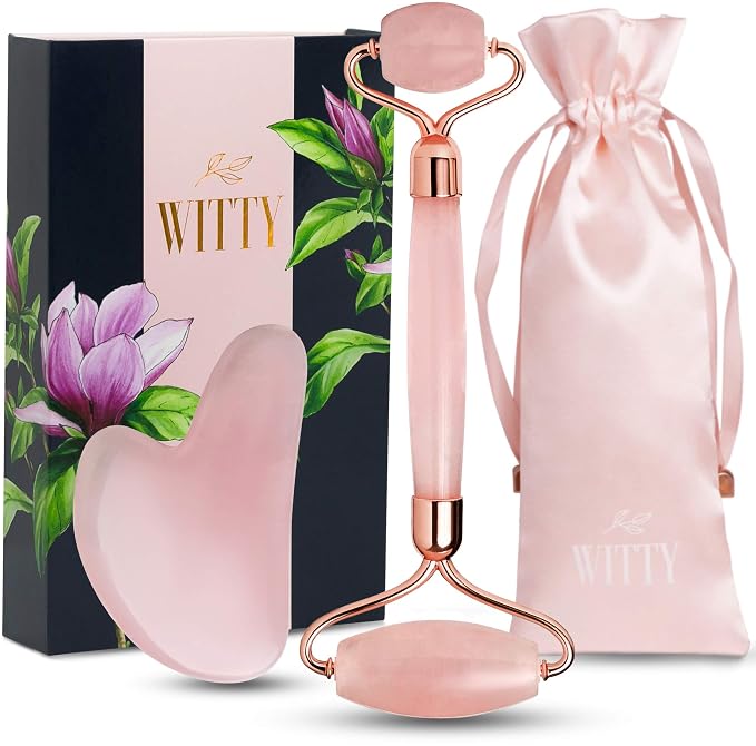WITTY Rose Quartz Roller for Face, Gua Sha Stone Set in Hand-Drawn Giftbox by WITTY