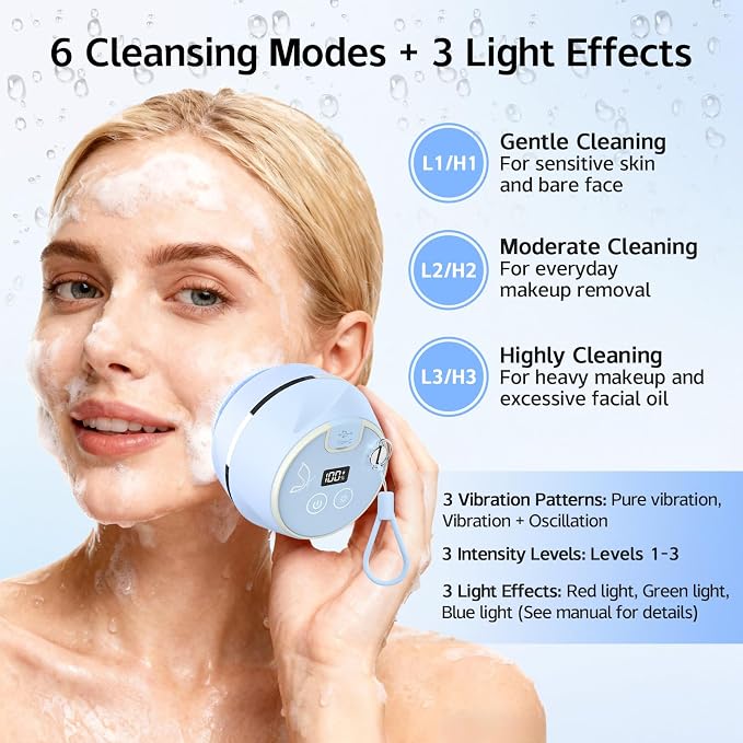 Face Scrubber, Waterproof Silicone Facial Cleansing Brush 6 Modes, 3 Light - Image 4