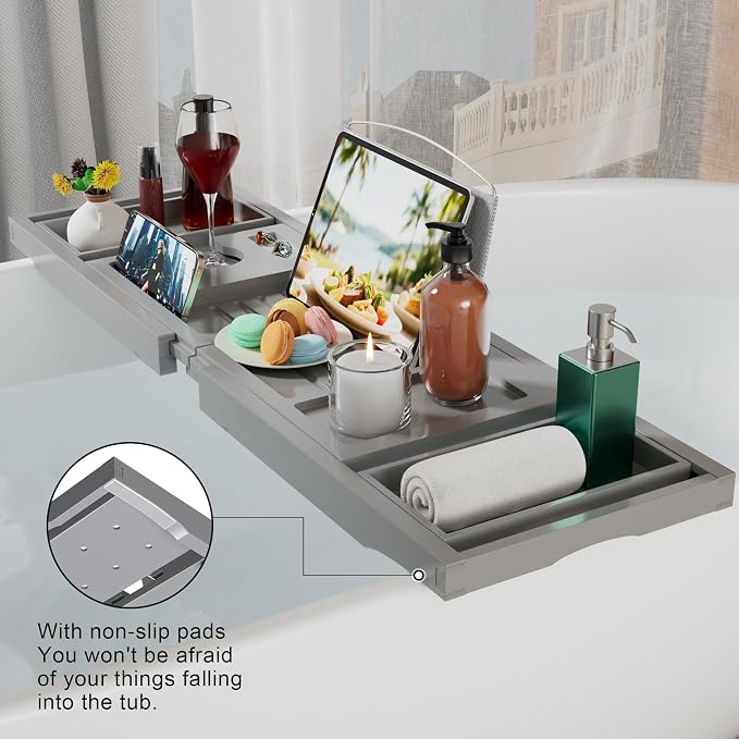 Bathtub Caddy Tray for Tub, Foldable Bath Table Trays, Bamboo Shelf - Image 5