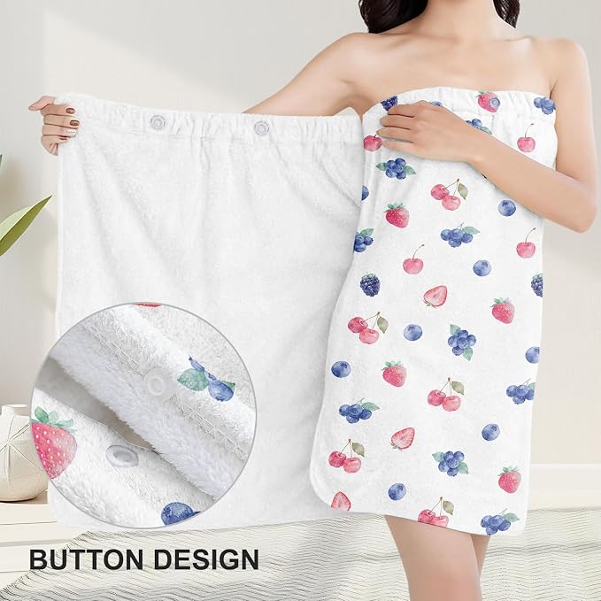 Absorbent Bath Towel Wrap Set for Women, Berries Print Towel Wrap After Shower - Image 5