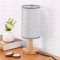 Gray Small Bedside Table Lamp for Bedroom, Natural Round Wood Base&Fabric Linen by SEENSINY