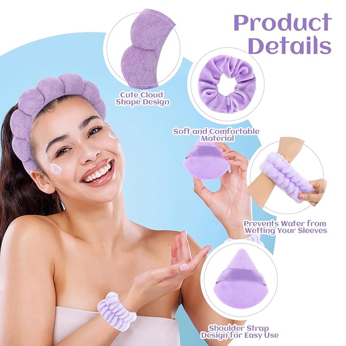 7Pc Puffy Spa Headband and Wristband Set - Image 3