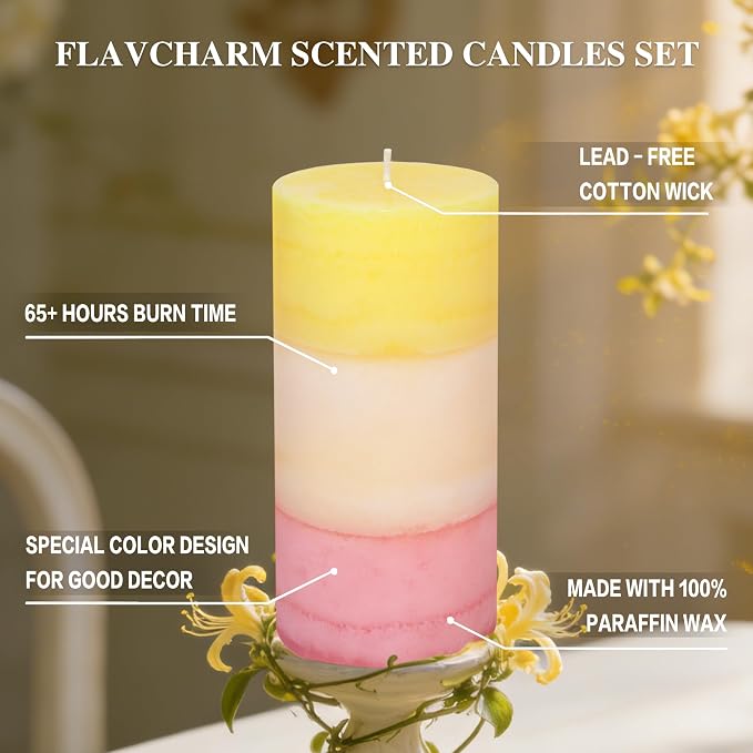 Sweet Honeysuckle Scented 3x6 Inch Pillar Candles Yellow White Pink Layered - Image 4