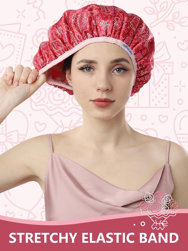 Years calm Terry Lined Shower Cap, Triple Layer Heart Motifs, Waterproof - Image 4