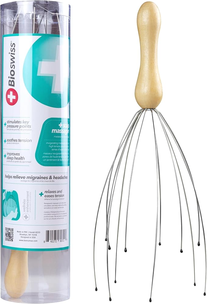 BioSwiss Scalp Massager, Handheld Head and Temple Massage Tool by Bioswiss
