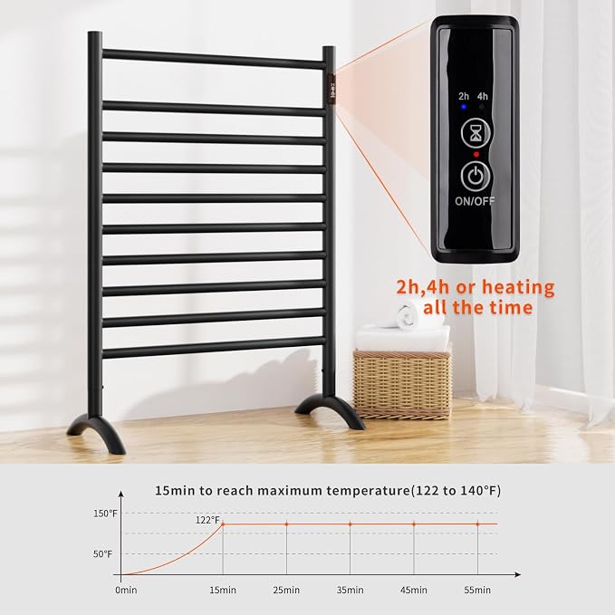 Freestanding Towel Warmer 10 Bars Plug-in Option 3 Working Modes Black - Image 3