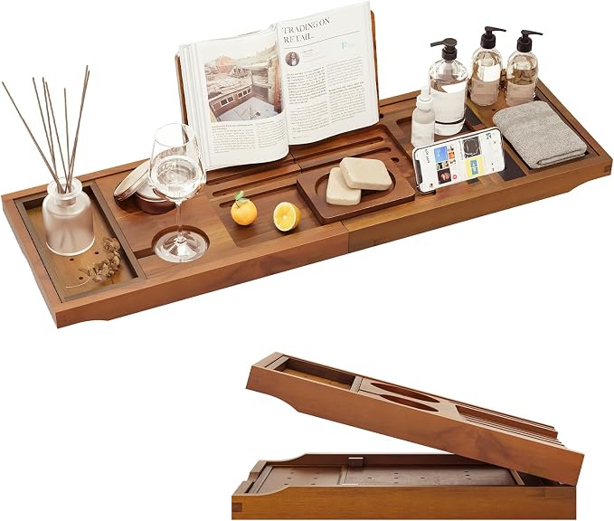 Premium Foldable Teak Bathtub Tray, Expandable Bath Tray by KiasthomeBathroomAccessories