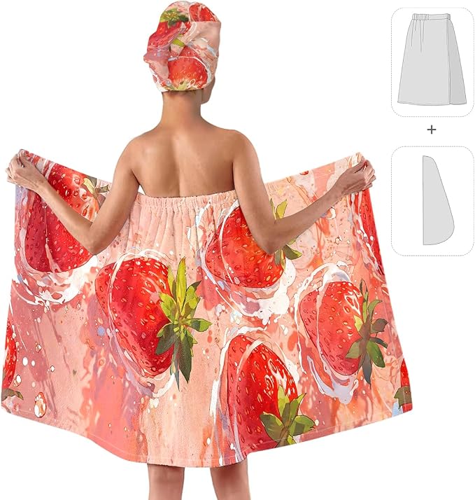 Women’s Strawberry Print Bath Towel and Hair Wrap Set, Soft Absorbent - Image 2