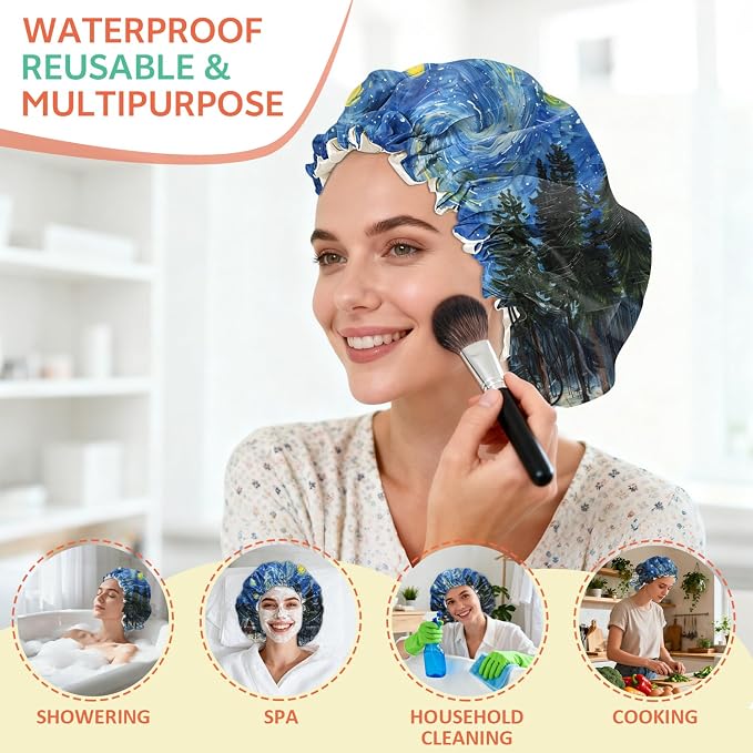Shower Cap Reusable Double Layer Adjustable Elastic Waterproof EVA Hair Bath - Image 6