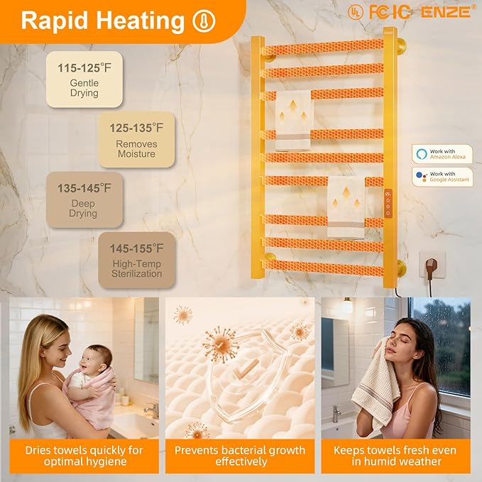ENZE Smart Heated Towel Rack, 9-Bar Wall-Mounted Electric Towel Warmer 230W - Image 3
