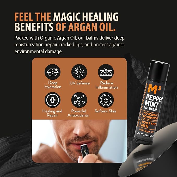 Moroccan Magic Men M3 Organic Peppermint Lip Balm 3 Pack | Ultra-Hydrating & - Image 2