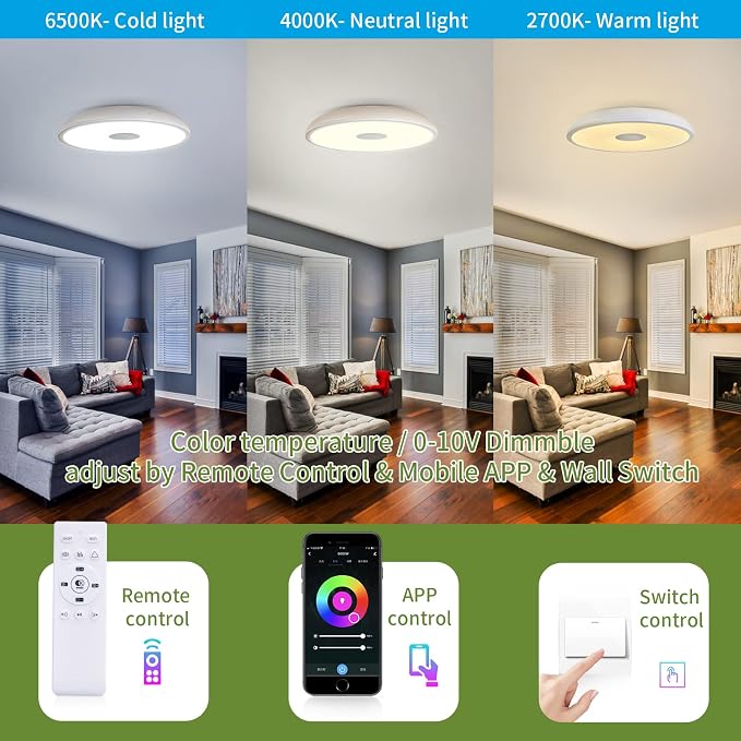 Smart Waterproof LED Flush Mount Ceiling Light Fixture, 11 inch 18W, - Image 5
