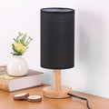 Black Small Bedside Table Lamp for Bedroom, Natural Round Wood Base&Fabric by SEENSINY