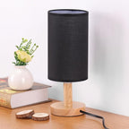 Black Small Bedside Table Lamp for Bedroom, Natural Round Wood Base&Fabric by SEENSINY