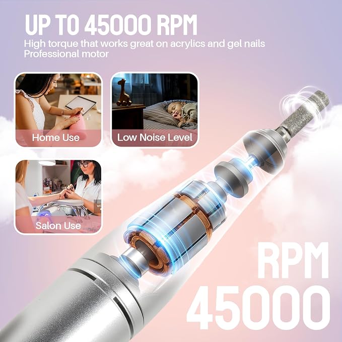 Droyek Electric Nail Drill Portable Nail Drill Professional 45000 RPM 6 Salon - Image 6