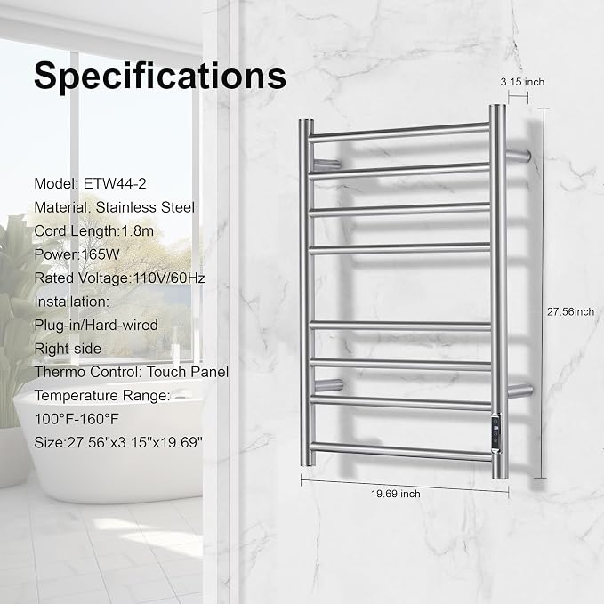 Towel Warmer Bathroom Wall Mounted Drying Rack Plug-in Electric Heated Towel - Image 3