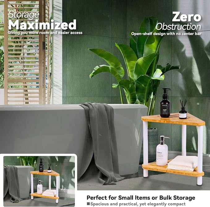 2-Tier Bamboo Corner Shower Caddy, Waterproof Bathroom Corner Storage Organizer - Image 2