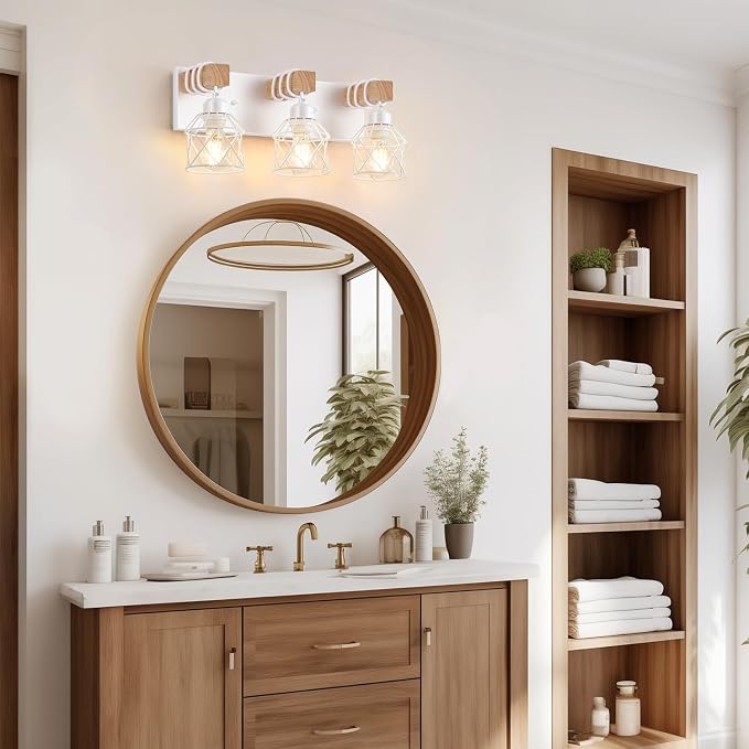 FadimiKoo 3-Light Farmhouse White Bathroom Vanity Light Fixtures, Rustic Wood - Image 6
